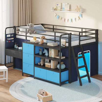 Kids Low Loft Bed with Desk, Storage Drawers, LED Lights & Play Space - Twin Size