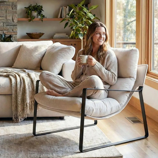 Linen-Accented Armchair with Upholstered Seat, Metal Base, Removable Cushion