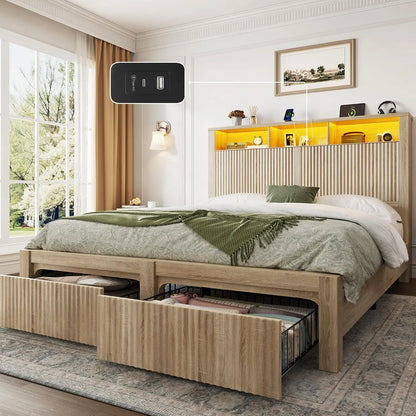 Full Size Bed Frame with Headboard and Storage Drawer,