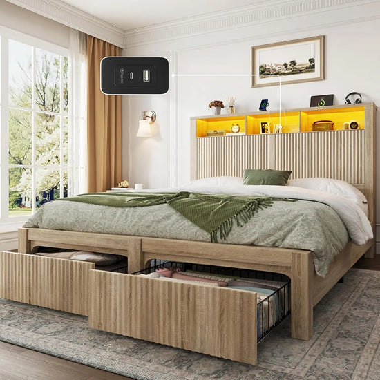 Full Size Bed Frame with Headboard and Storage Drawer,