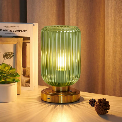 Rechargeable Touch Dimmable Cordless Table Lamp, Green Glass