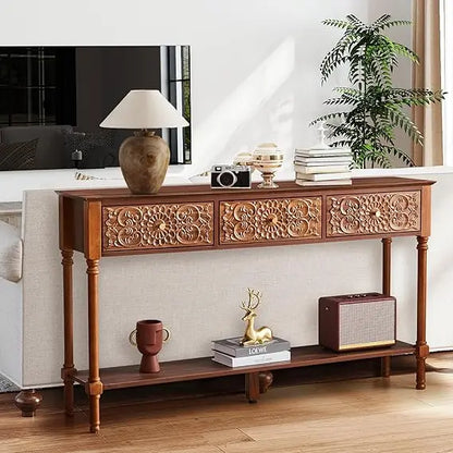 Sturdy 55.5 Carved Console Table with 3 Drawers
