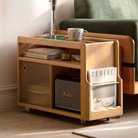 Solid Wood Side Table with Wheels,