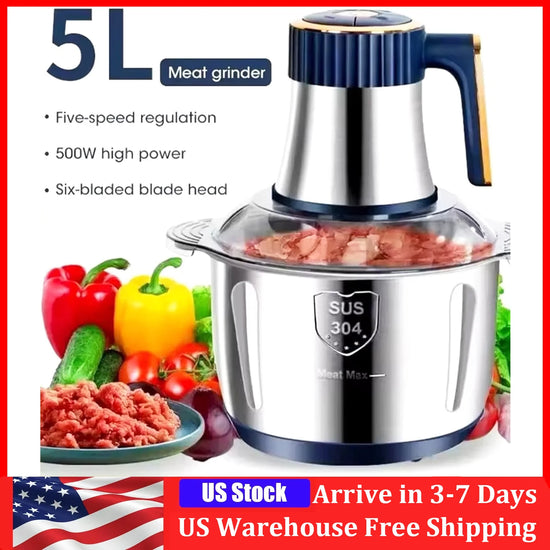 5L Electric Meat Grinder Vegetable Slicer, Chopper Stainless Steel Food Processor