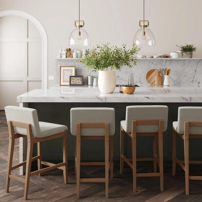 Modern Counter Height Bar Stool with Back, Upholstered with Natural Flax Fabric