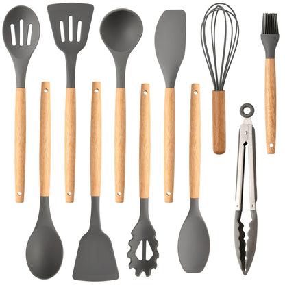 12 Pcs Non-Stick Silicon Heat Resistant Wooden Handle Kitchen Cooking Utensils Set, Gray