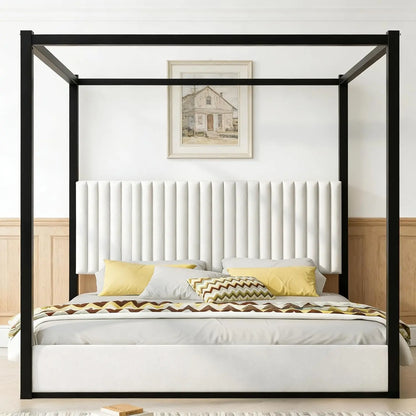 King Size Metal Canopy Bed Frame Tall Upholstered Headboard Corduroy