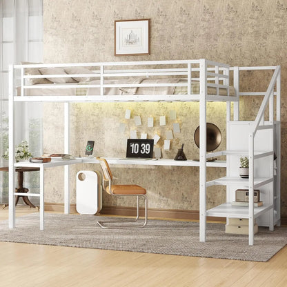 Metal Loft Bed w/ Desk Wardrobe Storage Stairs LED USB Port  Full Size