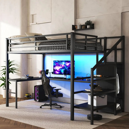 Metal Loft Bed w/ Desk Wardrobe Storage Stairs LED USB Port  Full Size
