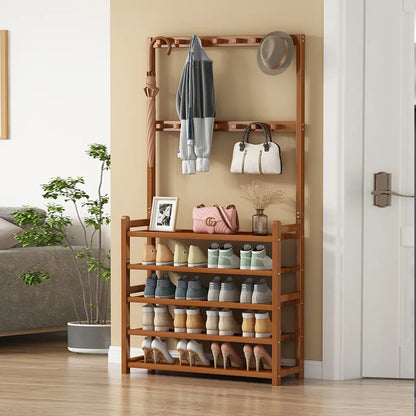 185cm Large Wooden 5 Tiers Hall Tree Hat Coat Stand Shoe Rack﻿