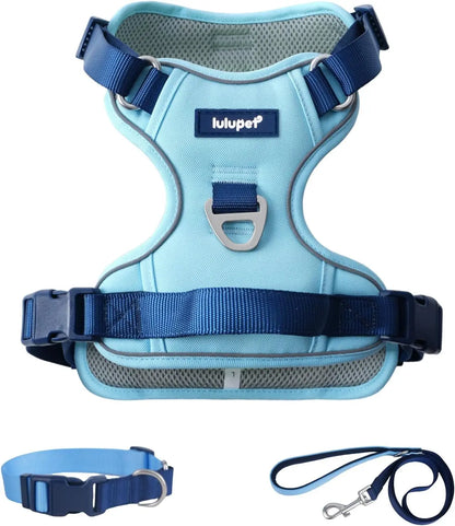 No-Pull Dog Harness Leash Collar Set, Adjustable Reflective Vest Comfortable Handle Blue Large