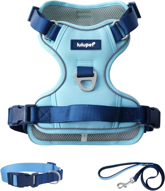 No-Pull Dog Harness Leash Collar Set, Adjustable Reflective Vest Comfortable Handle Blue Large