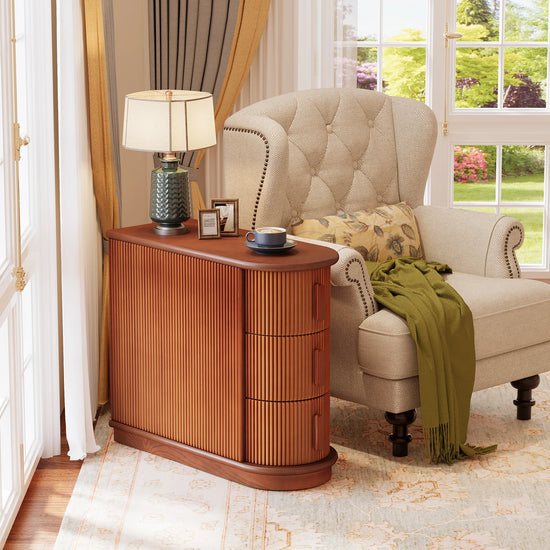 Solid Wood End Table, 3-Drawer Modern Slim