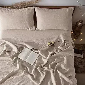 Queen Size Linen Sheet Set 100% Pure Flax, 4-Piece Solid Natural Bedding, Soft and Breathable