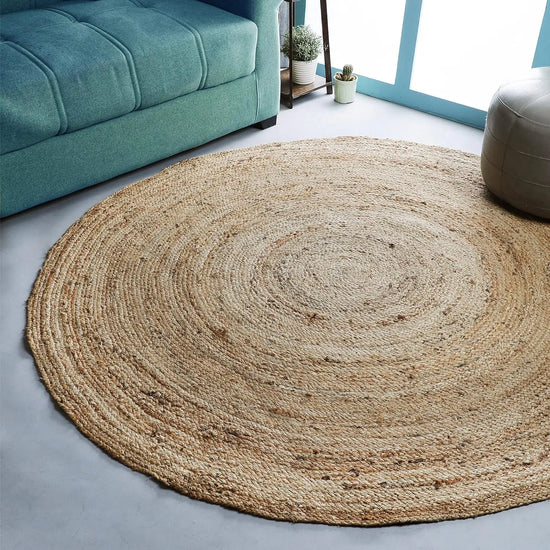 Hand Woven Jute Braided Round Rug, 6 Feet Natural Reversible