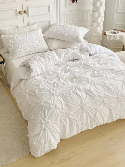 White Ruched Flower Design Duvet Cover Set
