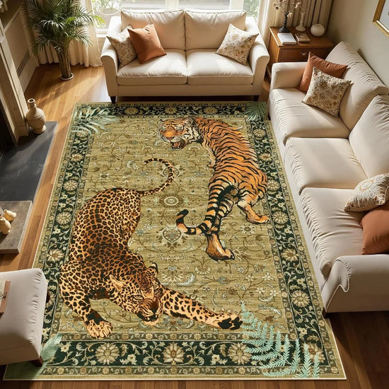 Washable Tiger Print Rug 8x10  Colorful Low Pile