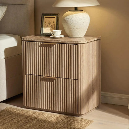 Fluted 2-Drawer Nightstand / Side Table Faux Marble Top Engineered Wood