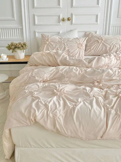 White Ruched Flower Design Duvet Cover Set