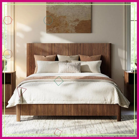 Mid Century Modern Walnut Queen Bed Frame with Fluted Headboard, Platform Bed
