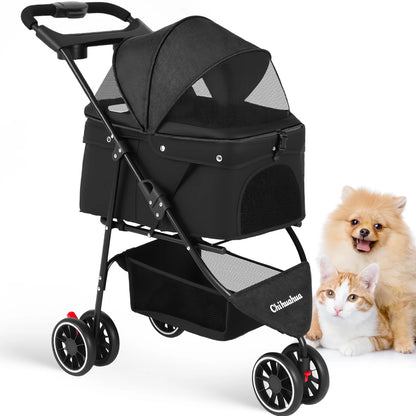 Pet Stroller For Small Medium Cats Dogs 3 Wheels Foldable with Breathable Mesh