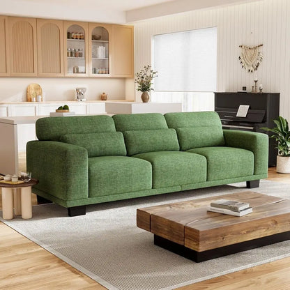 Green 3-Seater Linen Fabric Couch with Deep Cushions, Removable Washable Covers