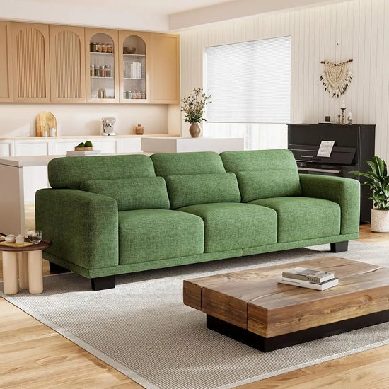 Green 3-Seater Linen Fabric Couch with Deep Cushions, Removable Washable Covers