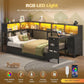 Twin Corner Bed with Desk, Storage & LED Lights - Multi-Functional with Charging Station