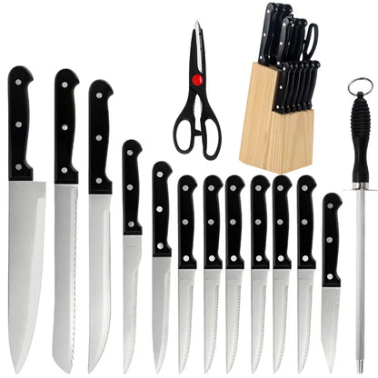15pcs Chef Knife Set Stainless Steel with Scissors,Sharpening Rod,Solid Wood Holder