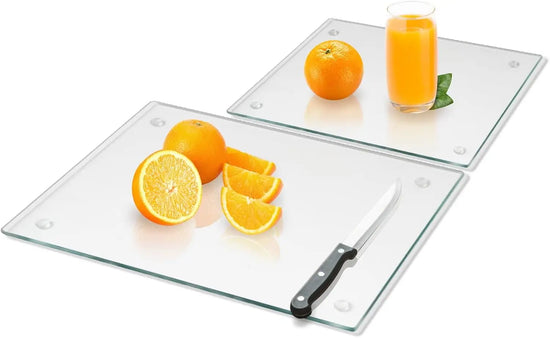 2 PCS Clear Tempered Glass Cutting Board Set, Heat Resistant with Non-Slip Feet, 12x16" & 12x8"