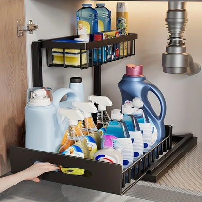 [Sliding Pull-out Cabinet Rack] 1/2pcs Sliding Pull-out Metal Cabinet Sorting Rack | Lower Sink Kitchen Storage