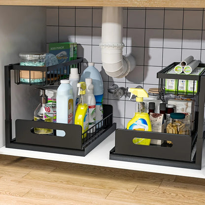 [Sliding Pull-out Cabinet Rack] 1/2pcs Sliding Pull-out Metal Cabinet Sorting Rack | Lower Sink Kitchen Storage