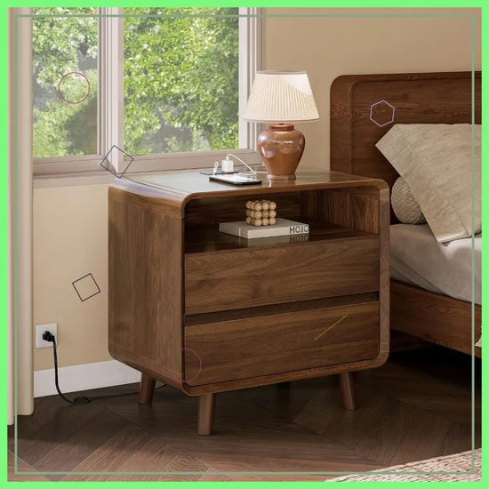 Mid Century Modern Nightstand with Charger Station, 2 Drawers & Walnut Finish