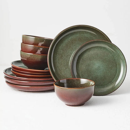 Stoneware Dinnerware Sets Service for 4, 12 pcs Reactive Glaze Plates and Bowls Sets, Handmade Ceramic