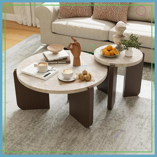 Modern Round Coffee Table & Side Table Set, Faux Marble Top