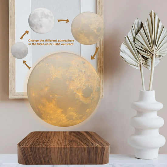 Magnetic Floating Rotating Moon Lamp with Wooden Base, 3 Color Temperature