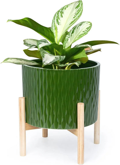 10 Inch Ceramic Plant Pot with Wood Stand,