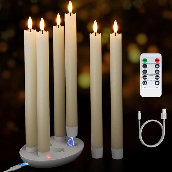 6-Pack Rechargeable Flameless Taper Candles with Charging Station, Remote & Timer