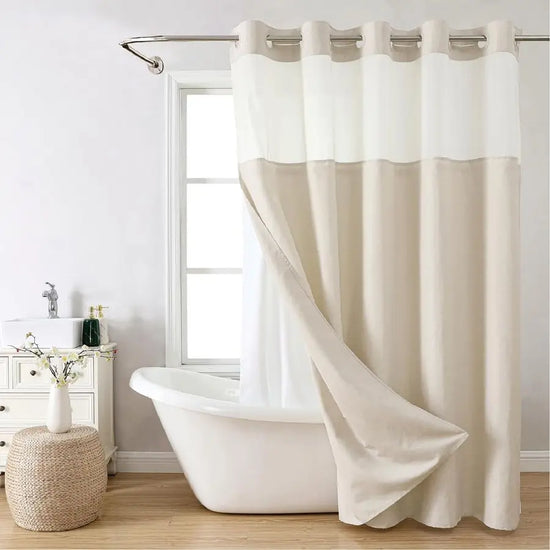 Hotel Polyester Textured Shower Curtain with Snapin Fabric Liner Set,