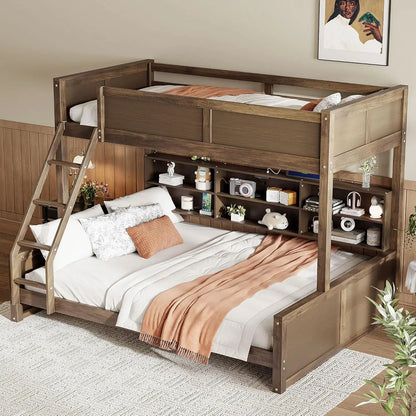 Twin XL Over Queen Bunk Bed with Storage Cabinets and USB Ports, with Safety Ladder and Full-Length Guardrai
