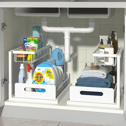 [Sliding Pull-out Cabinet Rack] 1/2pcs Sliding Pull-out Metal Cabinet Sorting Rack | Lower Sink Kitchen Storage