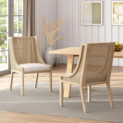 Yone Dining Chairs Set of 2, Modern Dining Chair with Fabric Upholstery, Rubberwood Frame Kitchen Chairs with Cane, Customized