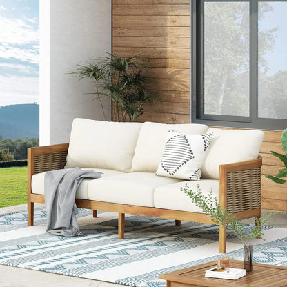 76.5" Outdoor Acacia Wood Wicker 3 Seater Sofa,