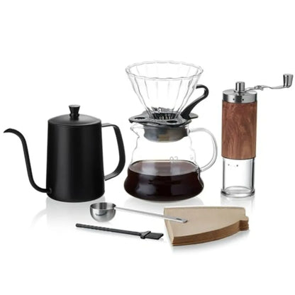 Pour Over Coffee Maker Set 6-Piece Set with Coffee Grinder Ceramic Drip Kettle, Filters