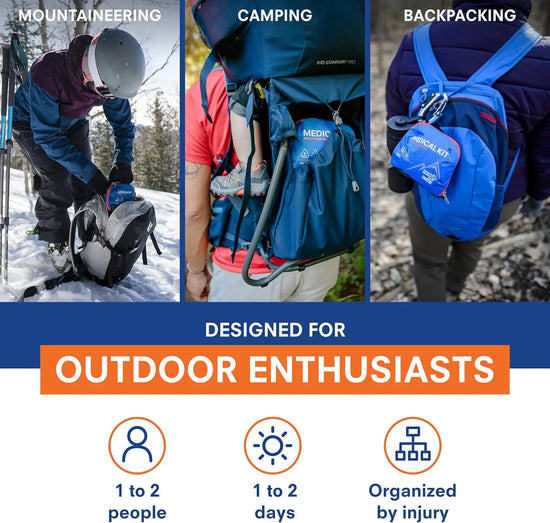 Emergency First Aid Kit for Hiking & Outdoor Adventures with Trauma Pad & Guide