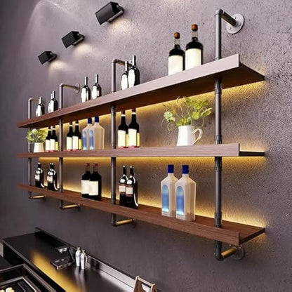 3-Tier Wall Mounted Wine Rack with LED Lights, Solid Wood and Iron for Home Bar Storage (120cm)
