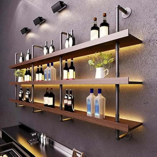 3-Tier Wall Mounted Wine Rack with LED Lights, Solid Wood and Iron for Home Bar Storage (120cm)